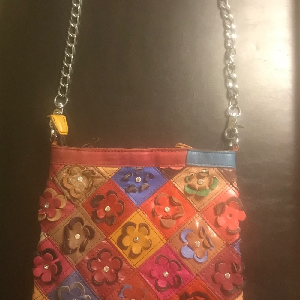 Leather Patchwork Purse w/Studded Leather Flowers - Picture 4 of 4